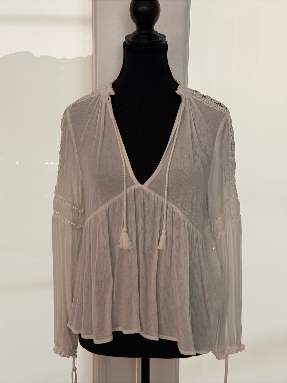 H&M White Sheer Boho Tassel Peasant Blouse